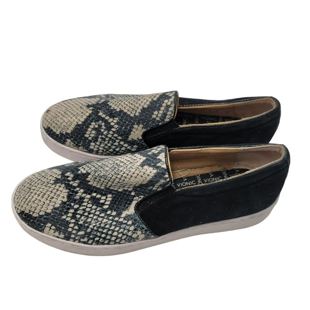 Vionic Loafers Slip On Casual Shoes Python Snake Print Size 7 Black Leather Twee
